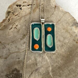 Sterling Silver 925 Modernist Style Enamel Geometric Pendant Necklace 18" Chain
